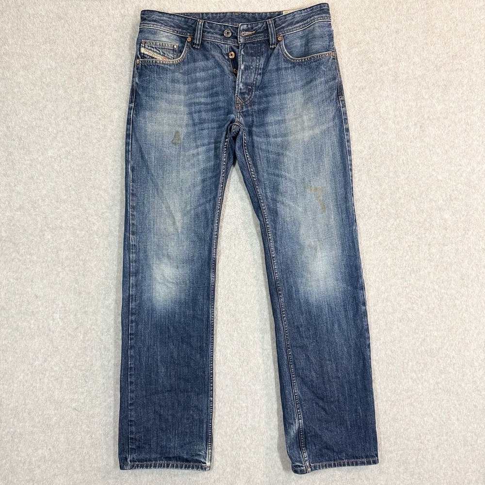 Diesel Larkee Jeans Mens 31x32 Blue Straight Leg Distressed Whiskered Patina